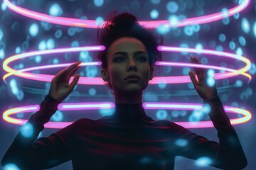 Neon Metaverse portal. Young woman inside spiral neon metaverse portal.