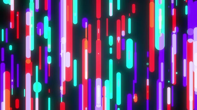Seamless loop of 2D animation of glowing lines streaming across the screen. Glowing violet and blue sci-fi retro motion design with neon laser rays. Futuristic hi-tech background. Seamless looping