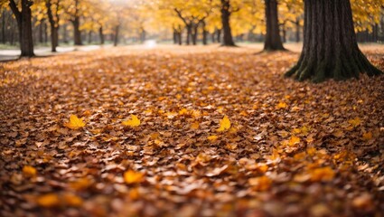 Golden Autumn Path: A captivating view of a pathway lined with vibrant golden leaves, bathed in warm sunlight. The image evokes a sense of tranquility and autumnal beauty, perfect for nature and seaso