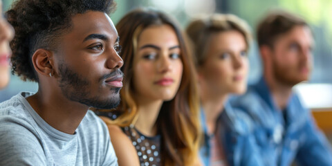 Fototapeta premium Diverse group of young adults attentively listening in a classroom setting, engaged in learning and discussion.