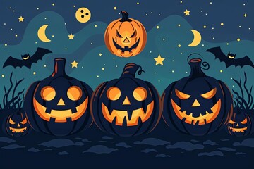 Frightening jackolanterns, sinister grins, Halloween night, flat design illustration