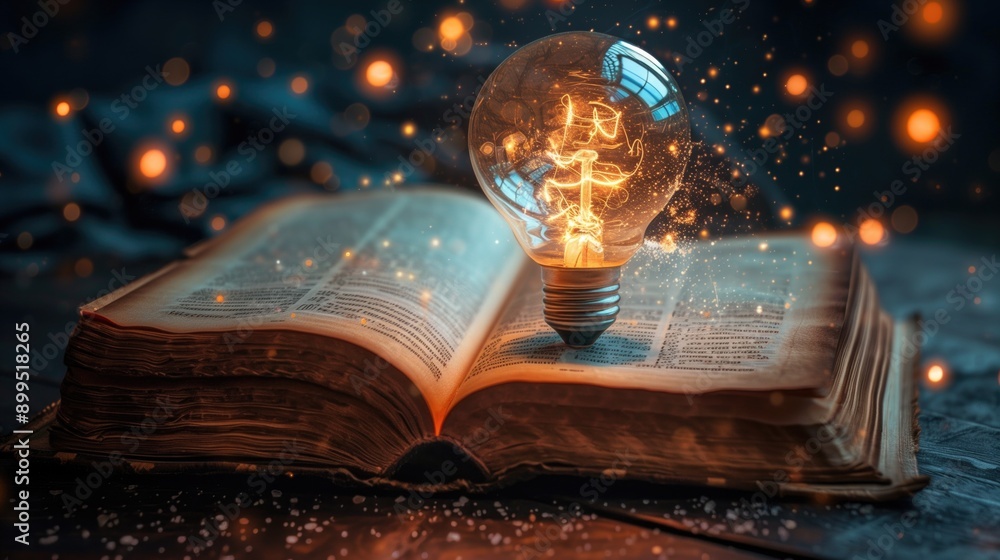 Poster an illuminated light bulb rests on an open book with glowing particles surrounding it. ideal for con