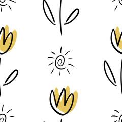 Obraz premium Seamless vector pattern with minimalistic doodle tulips and sun on white background