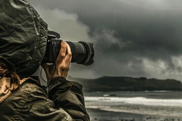 Photographer in a raincoat capturing a stormy seascape with a professional camera, showcasing the raw beauty of nature.