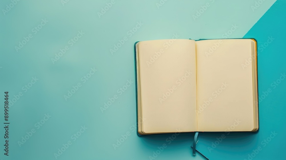 Poster top view of empty notebook on cyan background