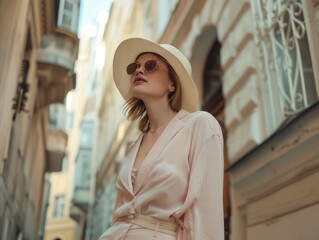 A woman wearing a pink dress and a straw hat is standing on a city street