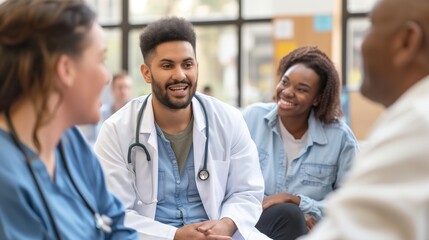 Healthcare professionals engaging in patient-centered discussion in clinic waiting area