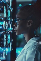 She is wearing a white lab coat and she is a scientist