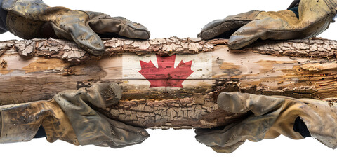 Canadian Labor Day Concept: Hands with Protective Gloves Holding Log