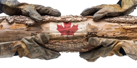 Canadian Labor Day Concept: Hands with Protective Gloves Holding Log