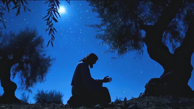 Jesus Christ praying in the Gethemane garden scene animation  -- 4k stock video footage AI