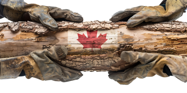 Canadian Labor Day Concept: Hands with Protective Gloves Holding Log