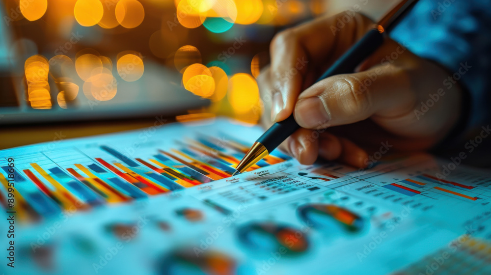 Poster close-up of a hand using a pen to analyze financial data, with colorful charts and graphs in the bac