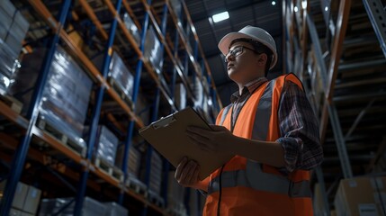 Confident Warehouse Worker in Safety Gear Holding Clipboard in Distribution Center