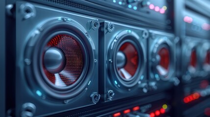 Fototapeta premium Close-up of powerful audio speakers with red lights in a professional sound system setup, illustrating modern technology and high-quality audio.