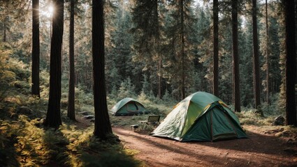 Golden Hour Camping Retreat: Two tents nestled amidst a serene forest, bathed in the warm glow of sunrise or sunset, offering a tranquil escape into nature. 