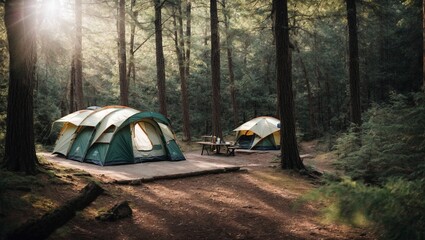 Forest Camping Getaway: Two tents nestled amidst towering trees, bathed in the warm glow of morning sunlight, inviting you to escape into nature's embrace. 