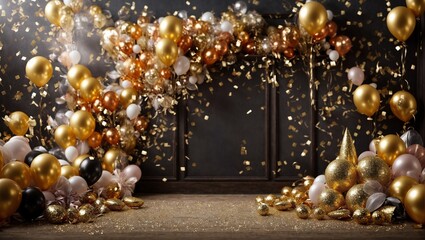 Golden Celebration Backdrop: A shimmering backdrop of gold and black balloons, confetti, and streamers creates a festive and celebratory atmosphere for any special occasion. This elegant design is per