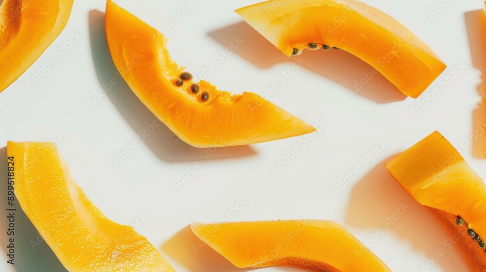 Poster ripe papaya slices with seeds arranged in a vibrant pattern on a pristine white backdrop