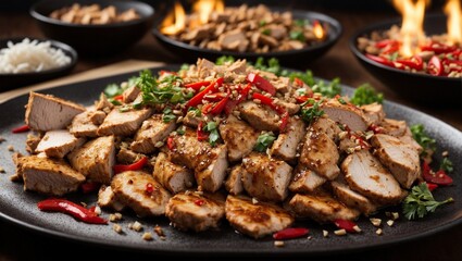 Fototapeta premium Spicy Tofu Feast: A vibrant spread of tofu, seasoned with chili peppers and garnished with chopped peanuts, awaits on a black platter. The tempting aroma and rich texture create a culinary masterpiec
