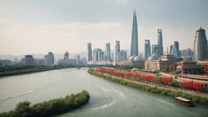 Fototapeta premium Urban Oasis: A serene river meanders through the heart of a bustling modern city, creating a tranquil contrast against the towering skyscrapers and vibrant cityscape. The scene evokes a sense of harmo