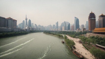 Shanghai Skyline Serenity: A tranquil river winds through the heart of Shanghai, reflecting the city's modern skyline and ancient architecture in perfect harmony. 