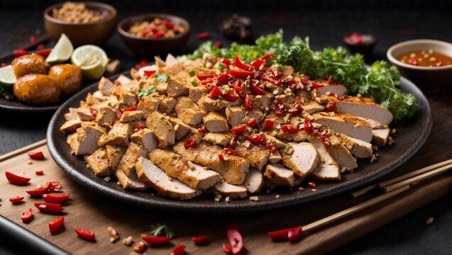Spicy Chili Chicken: A tantalizing dish of thinly sliced, juicy chicken with a fiery chili kick. The chicken is beautifully arranged on a platter, garnished with chopped chili peppers and fresh cilant