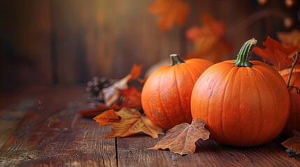 Autumn Harvest Glowing Pumpkins on Rustic Wooden Table