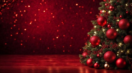 Obraz premium Sparkling Christmas Tree: A majestic Christmas tree adorned with red ornaments and twinkling lights, set against a shimmering red backdrop, captures the festive magic and warmth of the holiday season.