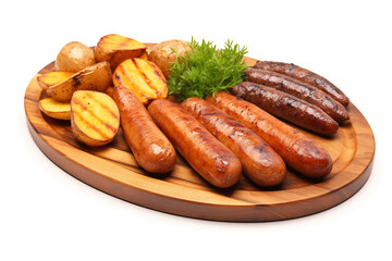 Various sausages on a wooden plate, potatoes, isolated, white background