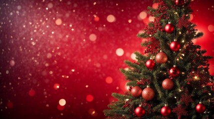Christmas Tree Red Background: A beautifully decorated Christmas tree stands tall against a vibrant red background, adorned with sparkling ornaments and twinkling lights, creating a festive and magica