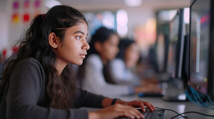 Indian School girl Focused on Computer Programming in Classroom with Other Students