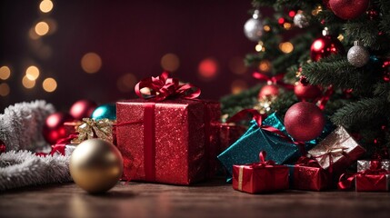 Christmas Magic: A beautifully decorated Christmas tree stands tall, adorned with twinkling lights and shimmering ornaments. A collection of wrapped gifts, each tied with a festive bow, lie scattered 