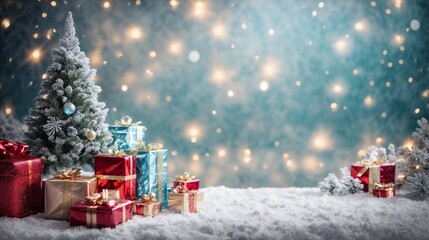 Christmas Sparkle: A snowy wonderland scene with a decorated Christmas tree and colorful presents, set against a backdrop of twinkling lights, evoking the magic and warmth of the holiday season. 