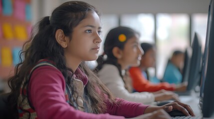 Indian School girl Focused on Computer Programming in Classroom with Other Students