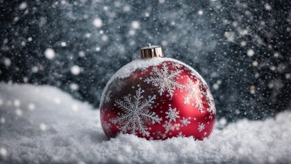 Red Christmas Ornament in Snow: A single, red Christmas ornament sits nestled in a bed of pristine white snow, glistening under a flurry of snowflakes.  The vibrant red of the ornament pops against th