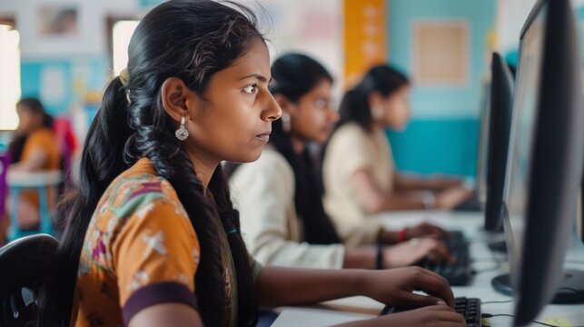 Indian School girls Concentrated on Learning in Computer Lab Environment