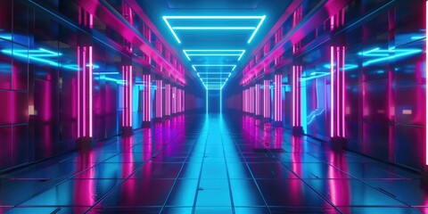 A neon colored room with a blue and pink light