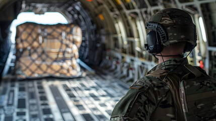 Military Transport Loading Operations Cargo Aircraft Soldier Preparing Supplies