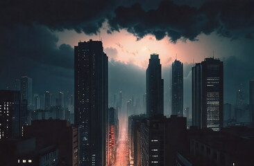 City skyline with dark clouds and sunlight