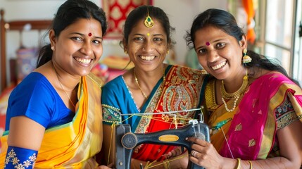 Three Smiling Indian Women in Traditional Attire Working with Sewing Machines