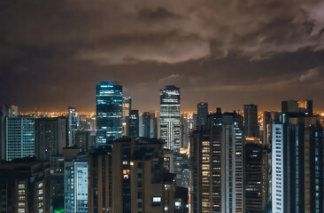 Obraz premium City Skyline with Dark Clouds and City Lights On