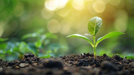Young plant sprouting from soil with bokeh background
