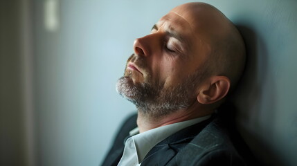 Obraz premium Introspective Man Relaxing Against Wall Capturing Inner Peace Serenity Expression