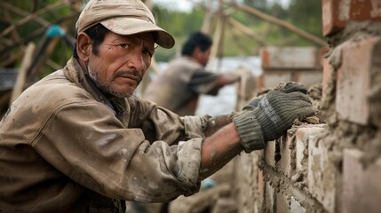 Obraz premium Hardworking Bricklayer in Action with a Focused Expression at a Construction Site