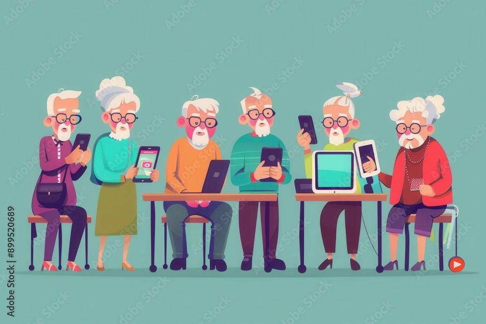 Poster A group of elderly individuals actively using various devices, sharing moments and engaging with technology in a lively setting. Generative AI