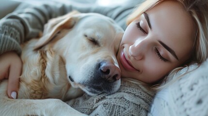 Obraz premium Pet therapy concept: sleeping young blonde woman hugging her friend dog Labrador