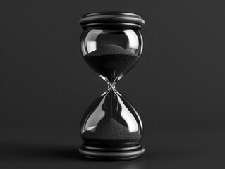 Close-up of an hourglass with sand flowing, symbolizing time passing.