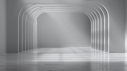 Minimalist white arch structures with light and shadow creating a modern geometric abstract background in a clean empty space.