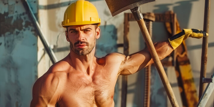 Muscular construction worker holding tools on site